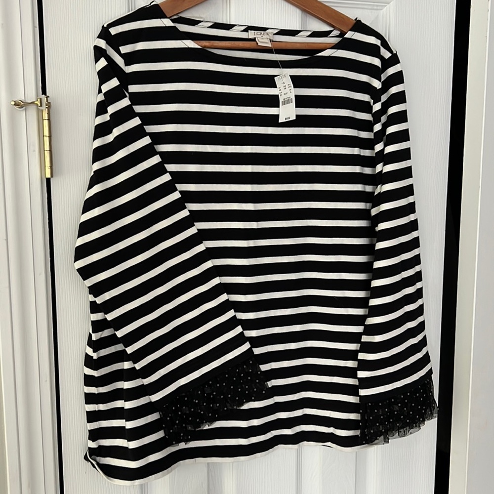 JCrew women’s xl black and white striped top with polka dot ruffled cuffs